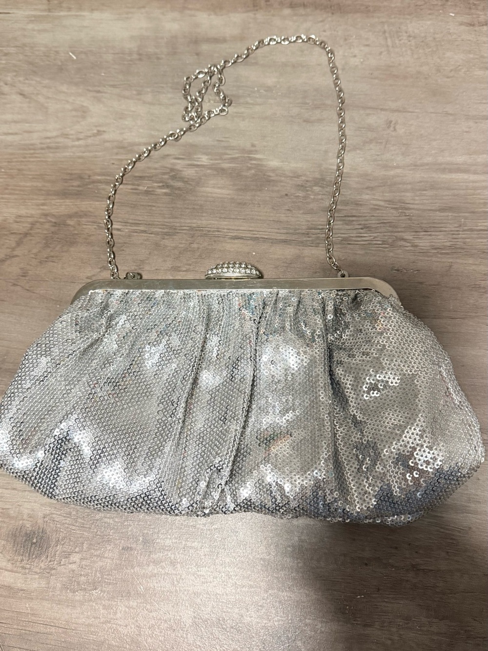 Jessica McClintock Silver Sequin Evening Clutch with Chain
